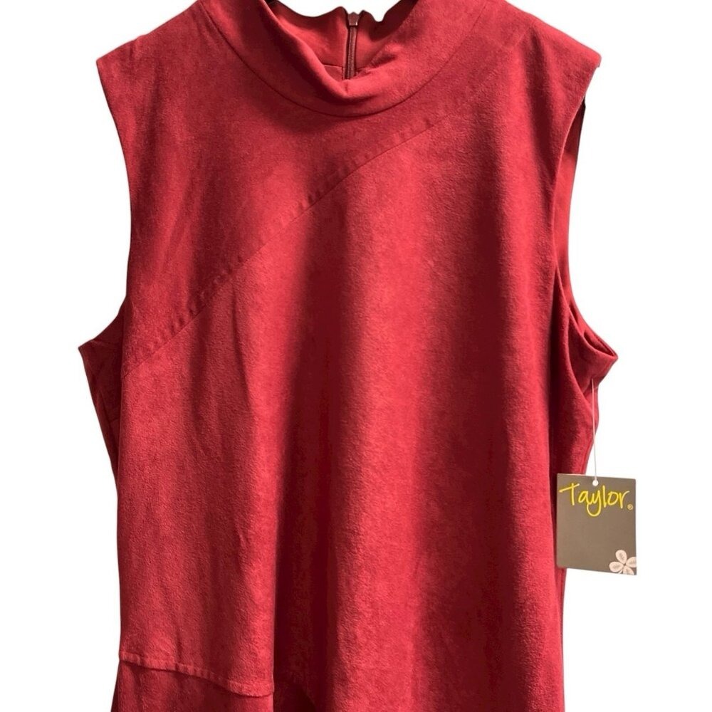 Taylor Dress Red Faux Suede Mock Neck Sleeveless Asymmetric Midi Size 10 Event - Picture 3 of 10